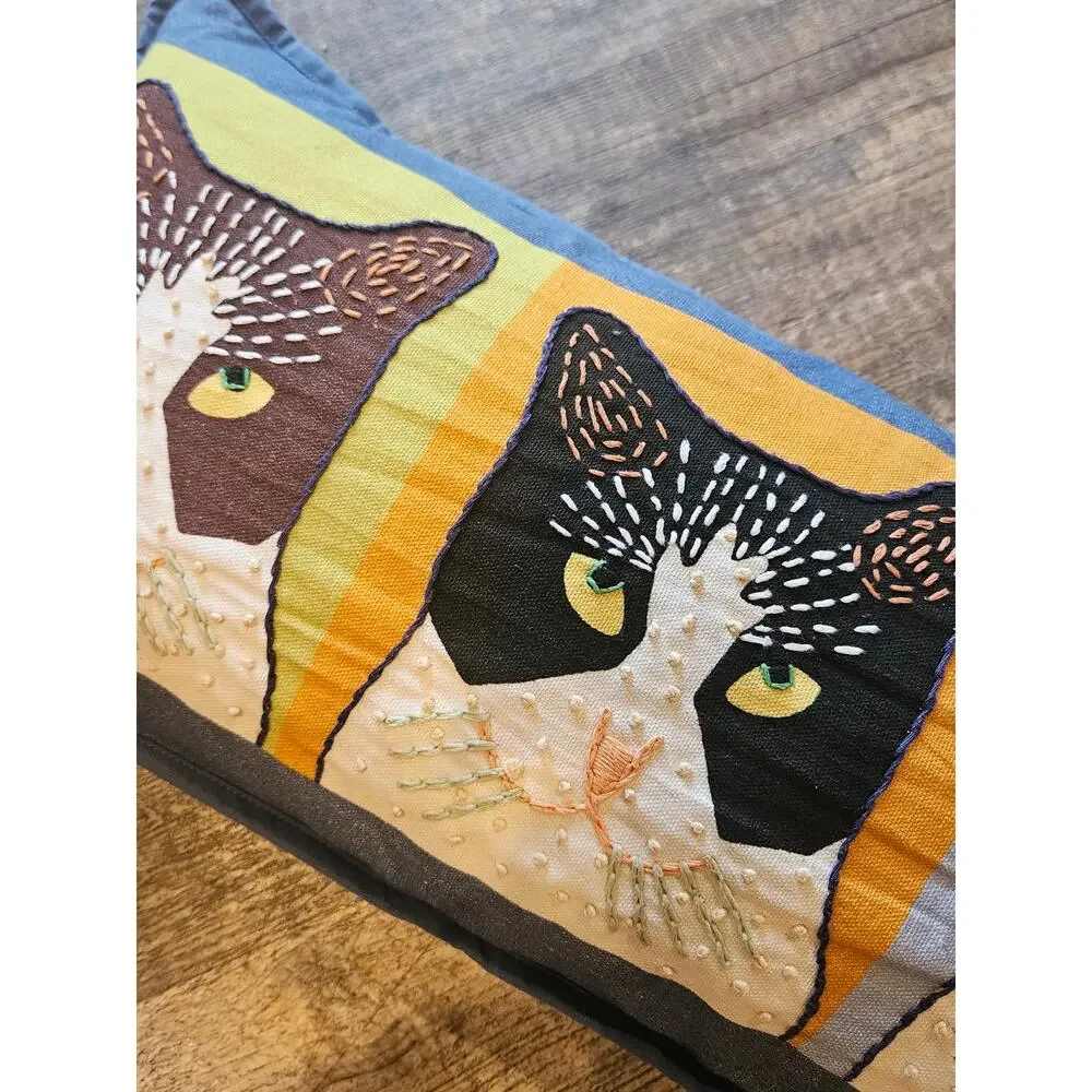 Petalura Three's a Crowd lumbar Throw Pillow embroidered cats